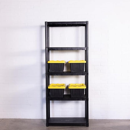 Plastic 5-Gallon Storage Tote with Lockable Lid, Stackable Tough Regular-Duty Bin for Garage, Tools, and Home Organization (4-Pack) - Black and Yellow