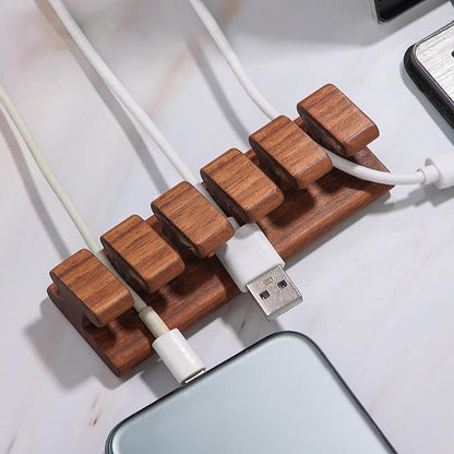 Walnut Wood Cord Holder – 5 Slots Cable Organizer with Adhesive Tape, Desk Wire Management for USB, Charging, HDMI, and Type-C Cables (5 Slot)