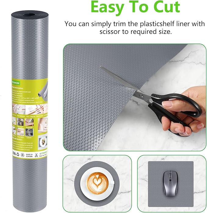 Shelf Liners for Kitchen Cabinets Refrigerator Liners Waterproof & Oil-Proof Kitchen Cupboard Liner Non-Slip Drawer Mats Non Adhesive Fridge Liner for Shelves - Grey 23.6 x 236.2 Inches