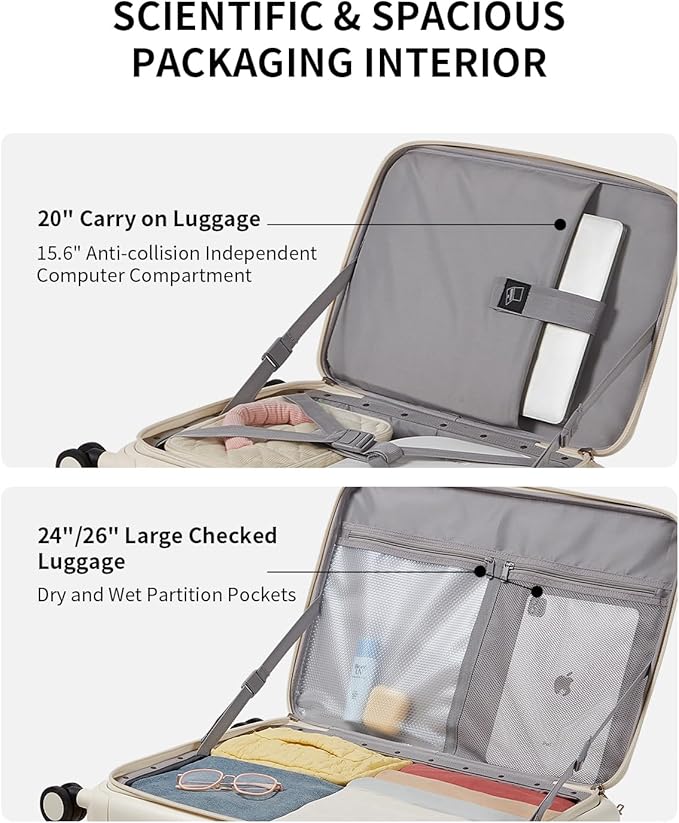 aji Expandable Top Opening Carry On Luggage Airline Approved, 20 Inch Lightweight Hardside Carry On Suitcase with Spinner Wheels, Travel Luggage with Laptop Compartment for Women Men, Coconut White