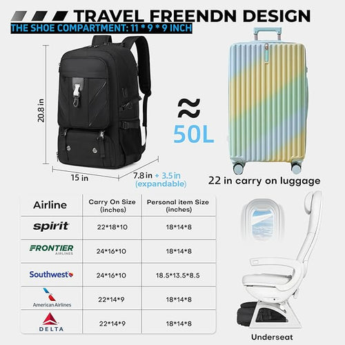 17.3 Inch Travel Laptop Backpack with Shoe Compartment,50L Carry on Flight Approved Backpacks Multiple Compartments,Water Resistant Anti Theft Bag with USB Charging Port,for Men Women