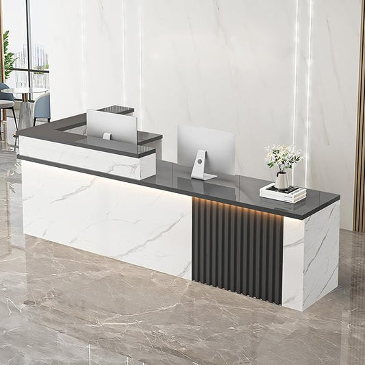 Receptionist Desk with LED Light，Wooden Salon Checkout Counter with Storage Drawer & Keyboard Tray Modern L-Shaped Reception Desk for Barbershop Office Company Store