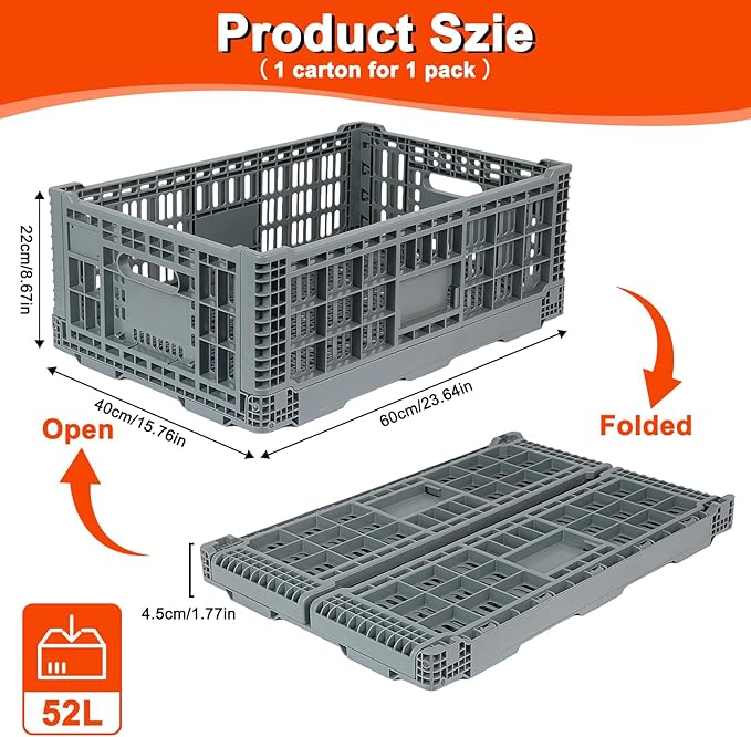 Collapsible Milk Crates for Storage, 52L Storage Crates, Heavy Duty Milk Crate, Plastic Storage Bins Containers for Organizing, Grocery & Camping (1 pack) (23.64" W x 15.76" L x 8.67" H)