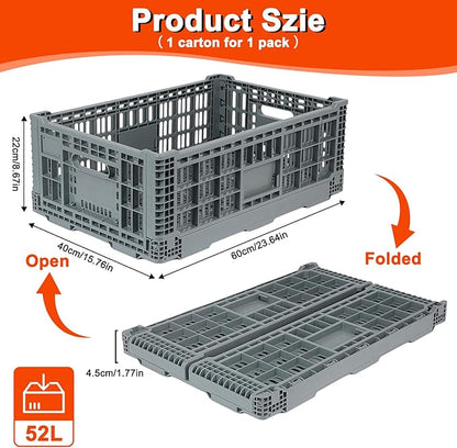 Collapsible Milk Crates for Storage, 52L Storage Crates, Heavy Duty Milk Crate, Plastic Storage Bins Containers for Organizing, Grocery & Camping (1 pack) (23.64" W x 15.76" L x 8.67" H)