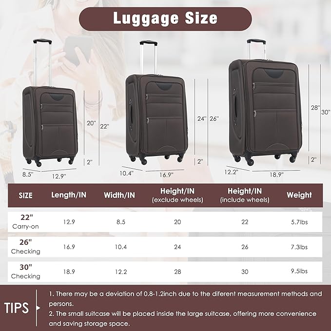 Merax Softside Luggage Set Softshell Lightweight 3 Piece Spinner Suitcase with Duffel Bag Expandable Upright Travel Luggage 22" 26" 30",Brown