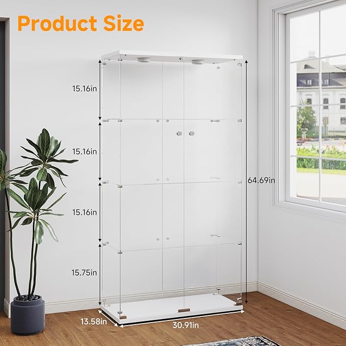 Tempered Glass Display Cabinet with Lights, 4-Tier Curio Cabinet with Glass Doors and Lock, Glass Display Case for Collectibles, for Living Room, Bedroom, Office, Double Door, White