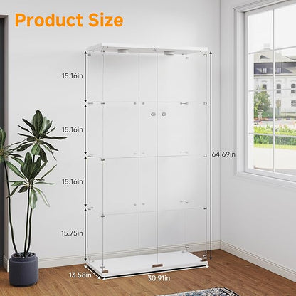 Tempered Glass Display Cabinet with Lights, 4-Tier Curio Cabinet with Glass Doors and Lock, Glass Display Case for Collectibles, for Living Room, Bedroom, Office, Double Door, White