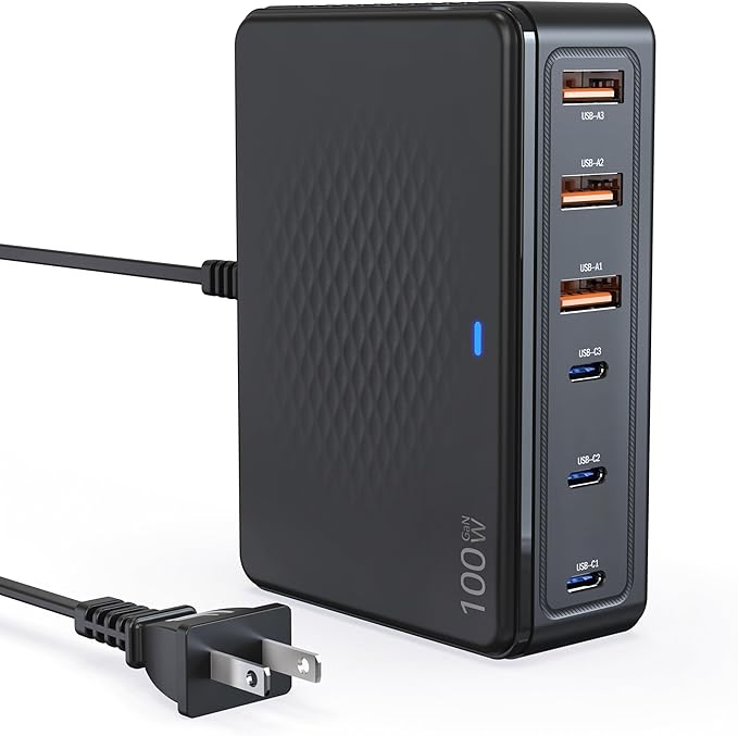 TT&C 100W USB-C Fast Charger, GaN III 6 Port PD+QC Multiport Charging Station Hub Block Cube, USB-C Wall Charger Power Strip Adapter Plug for iPhone 17,17 Air,16,15, Pro Max, Galaxy S25, S24-5ft Cord