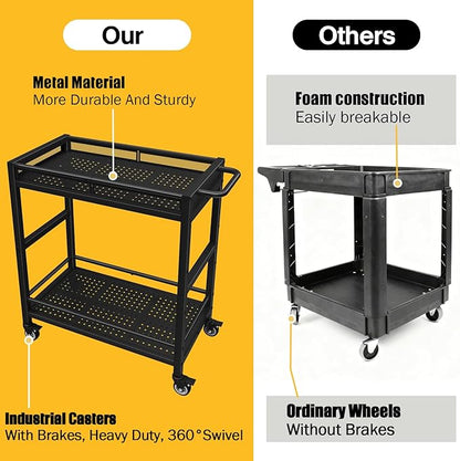 300LBS Heavy Duty Service Utility Cart on Wheels, Metal Rolling Utility Cart with Fences, 2-Tier Service Carts for Garage Garden Warehouse Tool House, Black, 360° Swivel, Ergonomic Handle, Sturdy