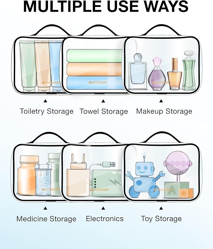 BAGSMART TSA Approved Clear Toiletry Bag, 3 Packs Quart Size Water Resistant Makeup Cosmetic Bags for Women, Airport Airline Travel Essential Carry On Organizer with Handle Large Opening, Black