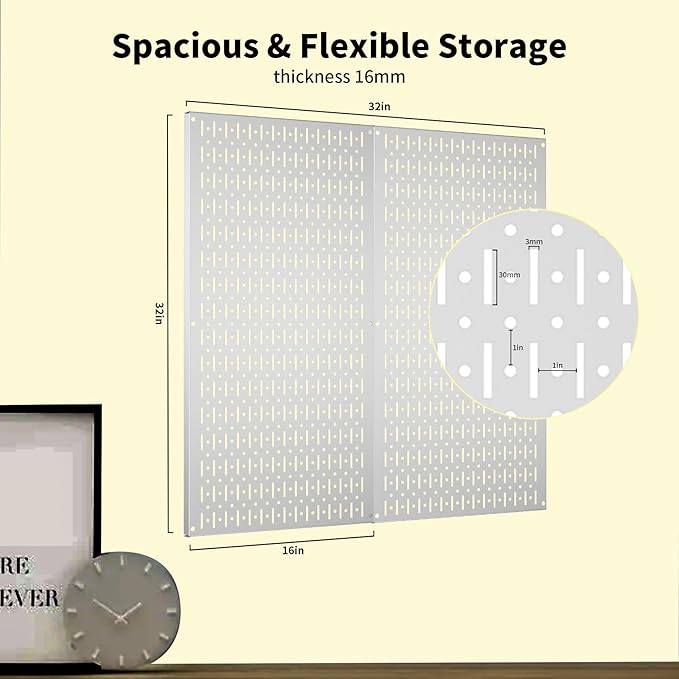 Pegboard Wall Organizer 2 PCS 32" x 16" Silvery Peg Board Metal Pegboard Panels for Garage Tool Storage