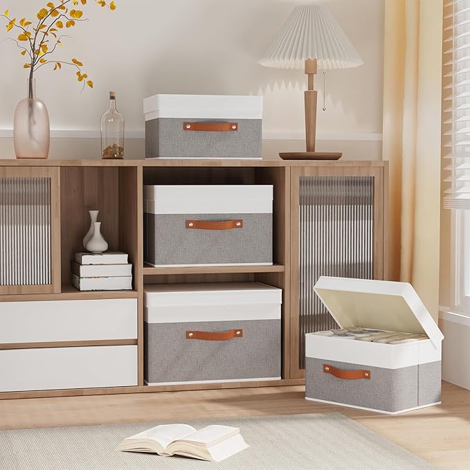 Fabric Storage Boxes with Lids, Linen Foldable Cloth Baskets, 17.7 x 11.8 x 11.8 Inch Closet Organizer Containers with Double Handles, Sweater Bins for Bedroom, White and Grey, 5 Pack