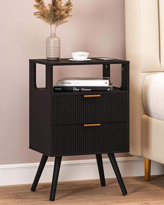 Black Nightstand,Modern Bedside Table with 2 Storage Drawer and Open Wood Shelf, for Bedroom and Small Spaces,Night Stand with Solid Wood Legs