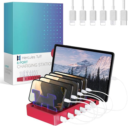 Charging Station for Multiple Devices – 6-Port USB Charging Dock for Apple & Android – Fast Multi-Charger Organizer for Phones, Tablets & More (Pink)