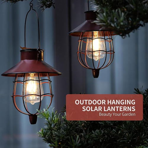 2 Pack Solar Lanterns Outdoor Waterproof Hanging Solar Lights with Vintage Metal Warm White Light Edison Bulb Design, Decorate for Garden Yard Porch and Christmas (Red)