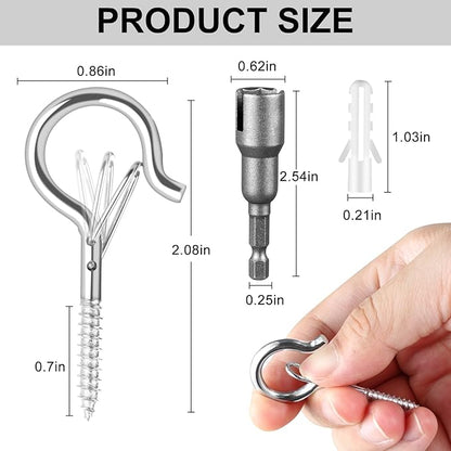 24 PCS Q-Hanger Hooks, Screw Hooks for Outdoor String Lights, Safety Buckle Design Cup Eye Hook for Hanging Christmas Lights, Plants, Mounted on Wall Ceiling, Include 1 Wing Nut Driver, Silver