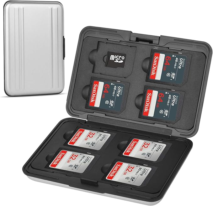 Aluminum Shock Resistant Carrying Box Memory Card Storage Case Holder 8 Slots for SD SDHC MMC Micro SD TF Cards Silver