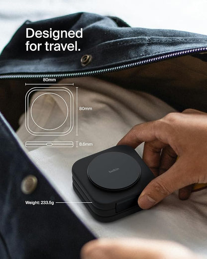 Belkin MagSafe Charger Compatible 3-in-1 Magnetic Charging Travel Pad 15W-BoostCharge Pro Foldable Qi2-Certified Wireless Charger, MagSafe-Compatible Charger for iPhone 16 Series, Apple Watch, AirPods