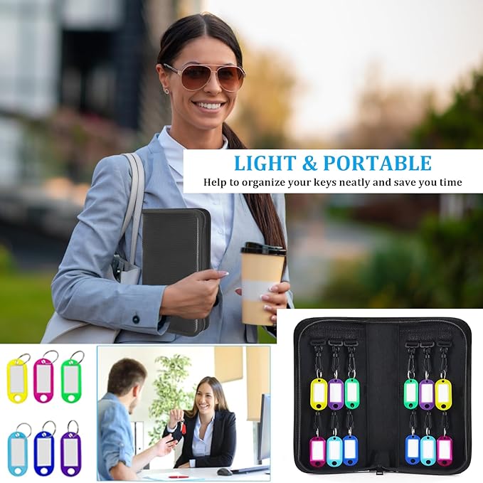 Portable Zippered Key Organizer, Fireproof & Waterproof Key Case with 12 Key Hooks & Tags, Portable Key Storage Organizer for Real Estate Sales,Hotel Executives, Car Service