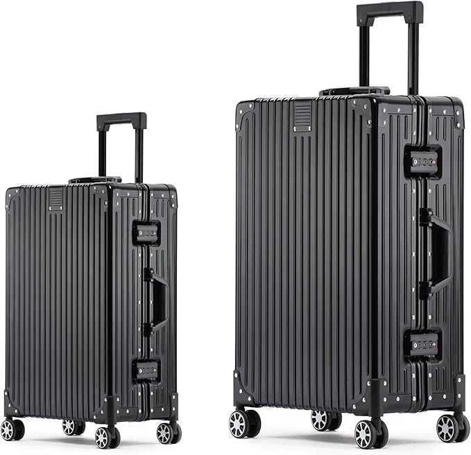 Metal All Aluminum Carry-on Luggage TSA Customs Lock Zipperless Silent Rotary Wheel Business Suitcase Aluminum Frame Set (black, 2Piece(20/26))