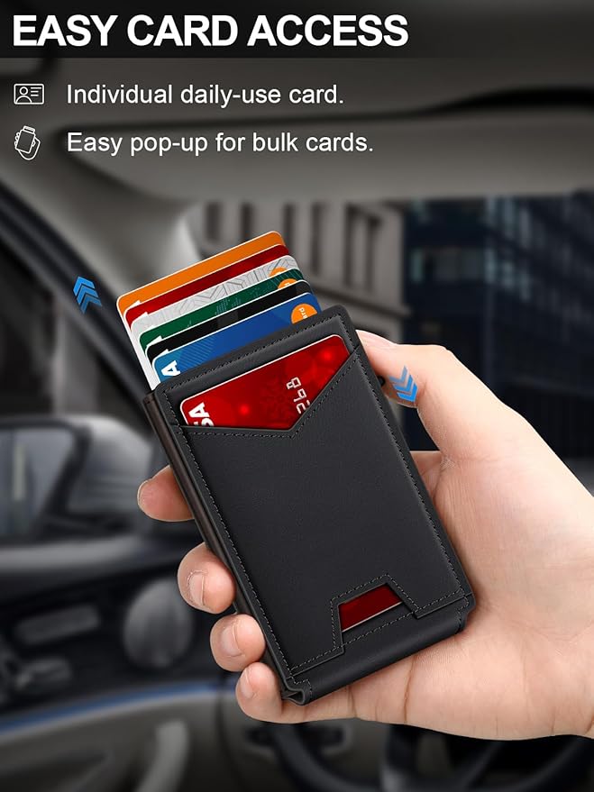 Wallet for Men RFID Wallet with Money Clip, Slim Pop Up Card Holder for 10-12 Cards, Minimalist Smart Credit Card Case with ID Window, Bifold Metal Wallet for Front Pocket, Gifts for Men