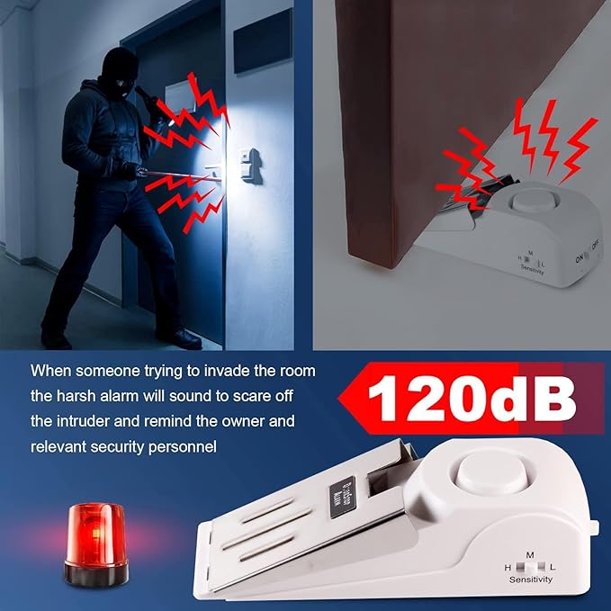 KERUI Upgraded Door Stop Alarm with Portable Door Lock, 120dB Siren Security Door Stopper Wedge Alarms for Travel Hotel Home Apartment, Door Stopper Alarm with 3 Levels Sensitivity (Pack of 4)