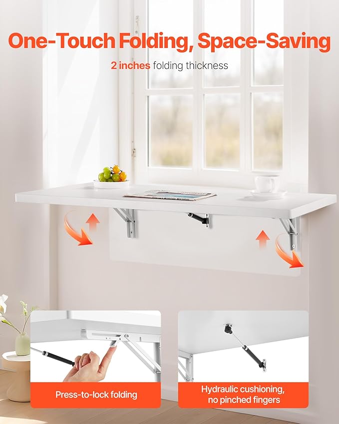 VEVOR Wall Mounted Folding Table, 39.4 x 19.7 inches Wall Mount Table, Floating Desk with Iron Bracket for Small Spaces, Home Office, Dining, Laundry Room, Kitchen, Bar, White
