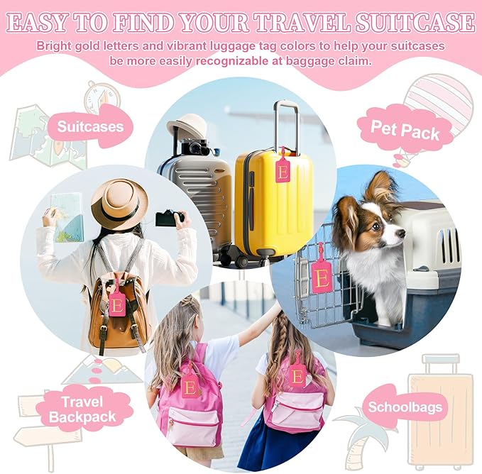 Personalized Rose Red Leather Initial Luggage Tags - Cute Monogram Embroidered Privacy Cover Name Card, Travel Backpack Gift for Women & Kids