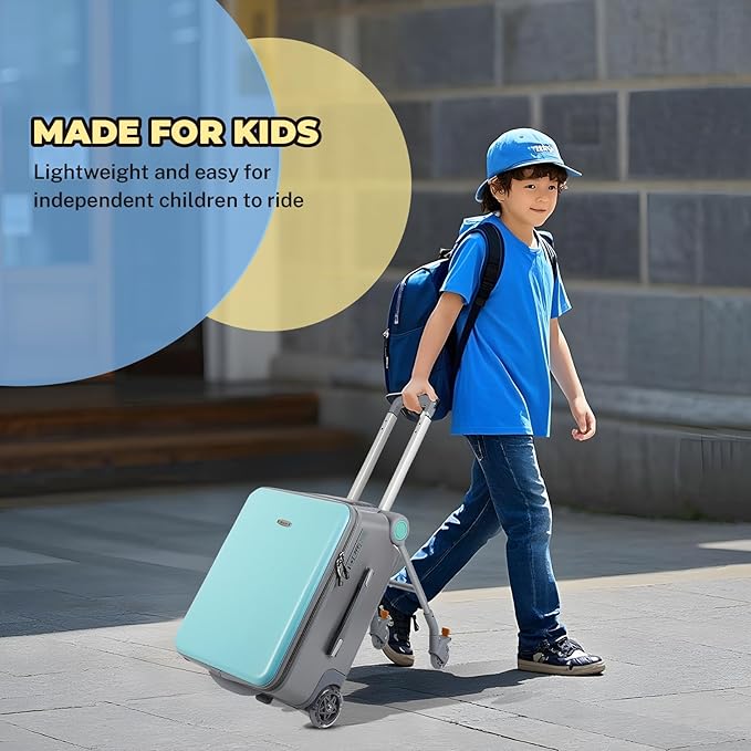 FAHKNS Ride on Carry On Suitcase for Kids,Large Suitcases with Child Seat Design,Rolling Travel Luggage With Kids Seat for Airplane,Blue