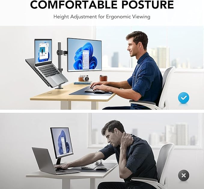 HUANUO Adjustable Monitor Stand, Single Arm Desk Mount for 32 inch Screen and 17 inch Laptop, Heavy Duty Ergonomic Bracket Holds 22lbs