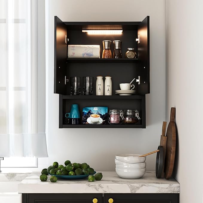 Black Wall Cabinet 23x29 inch for Bathroom Laundry Room Bedroom Kitchen Wood Medicine Cabinet, DIY Lighting, Soft-Close Hinge, 2 Door,Above Toilet Storage