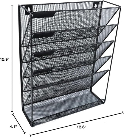 EASEPRES Hanging File Holder Organizer, 6 Tier Mesh Metal Wall Mount Document Letter Tray Organizer for Office Home, Black