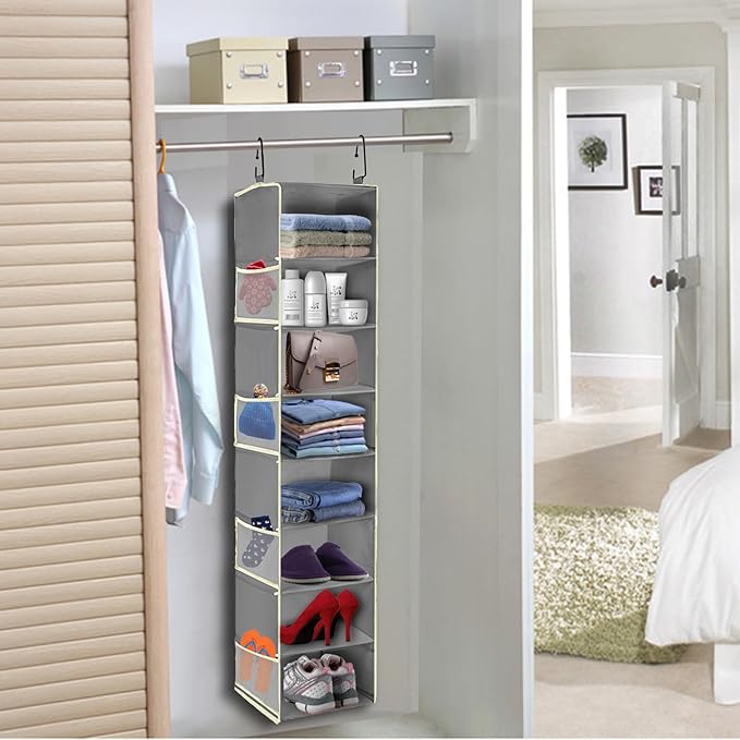 2 Pack Large-Sized Hanging Shoe Organizer 8-Shelf, Hanging Closet Organizer with 8 Side Pockets, Wider Hanging Shelves for Storage Shoes Clothes 9" W × 11.8" D× 48" H, Grey.