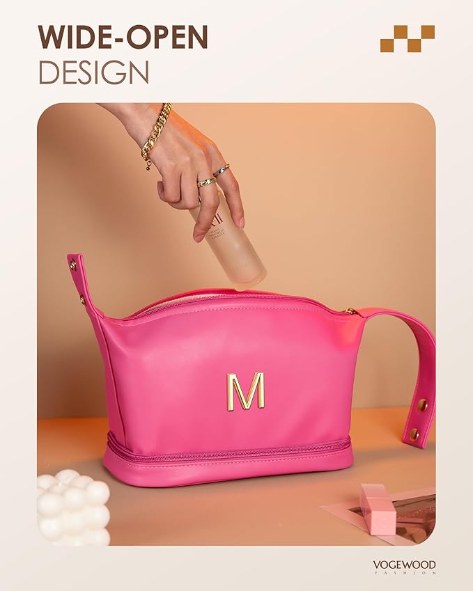 Gifts for Daughter/Girls, Personalized Makeup Bag with Handle, Initial Double Layer Cosmetic Bag with Makeup Brush Organizer, Cute Cosmetic Pouch for Women, Gifts for Niece Female