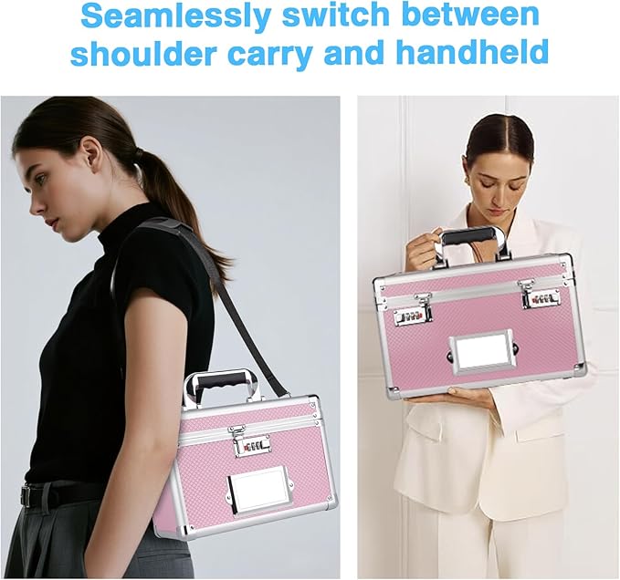 15 x 8.7 x 10 Inch Lockable Storage Box with Combination Lock, Portable Safe for Documents, Medicine, Cash & Valuables, Medicine Lock Box with Label Slot for Home, Office & Travel - Pink