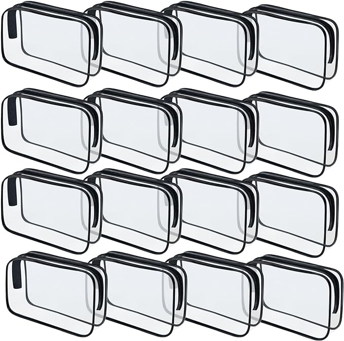 16 Pieces Clear Makeup Bags Bulk, TSA Approved Toiletry Bag for Travel, PVC Waterproof Travel Pouches Clear Pouch with Zipper for Men and Women Carry-on Travel Essentials Cosmetic Bags (Black-M)