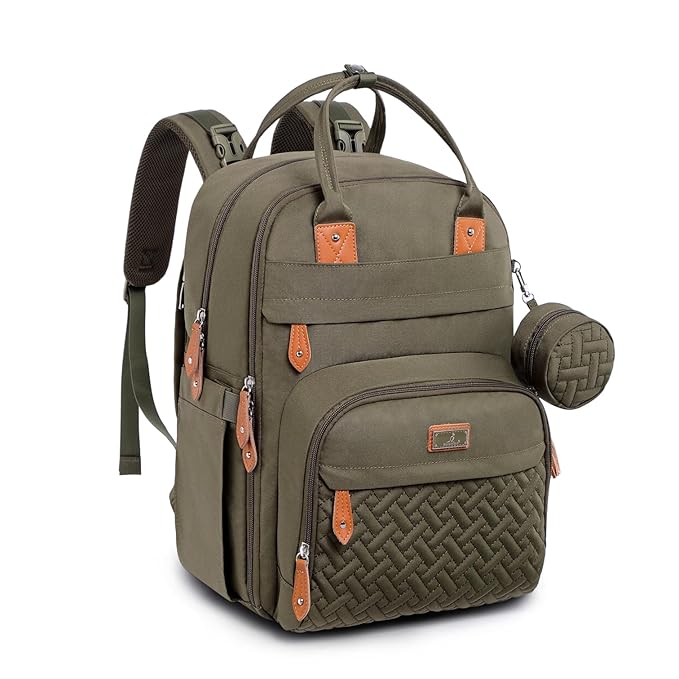 BabbleRoo Diaper Bag Backpack - Baby Essentials Travel Tote - Multi Function Water Resistant Diaper Bag, Travel Essentials Baby Bag with Changing Pad, Stroller Straps & Pacifier Case - Army Green