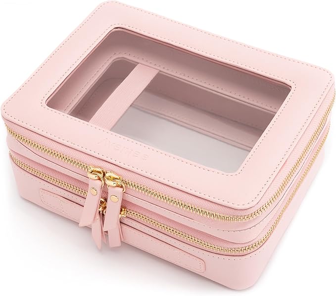 Aveniee XL Clear Makeup Organizer,Double Layer Travel Cosmetic Case with Brush Holder & Zippered Compartments, Large Toiletry Bag Train Case for Women.2 Layers, Pink