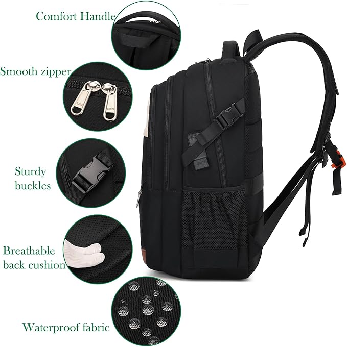 FENGDONG 17.3 inch Large Laptop Backpack Travel College Backpack Waterproof Bookbag for Men & Women Business Backpack with USB Charging Port and Headset Port Black White