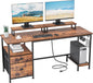 Furologee 55" Computer Desk with File Cabinet and Power Outlets, Home Office Desk with 2 Movable Monitor Stands and Storage Drawer, Writing Table with Shelves and 2 Hooks for Bedroom, Rustic Brown