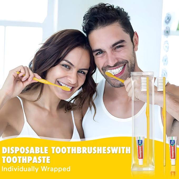 HOFASON Disposable Toothbrushes With Toothpaste Pack of 10, Yellow Hollow Travel Set Individually Wrapped for Homeless, Nursing Home, Shelter, Hotel