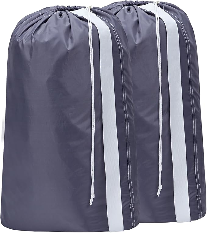 HOMEST 2 Pack XL Nylon Laundry Bag with Strap, Large Dirty Garments Organizer, Easy Fit a Hamper or Clothing Basket, Can Carry Up to 4 Loads of Clothes, Grey
