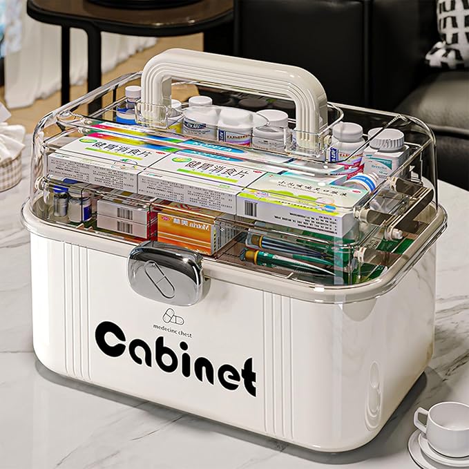 3-Tier Folding Medicine Cabinet Organizer with Handle, Clear Portable Medicine Storage Box for Home, Multifunctional First Aid Caddy with Secure Latches, Large Capacity Medical Supply Organizer