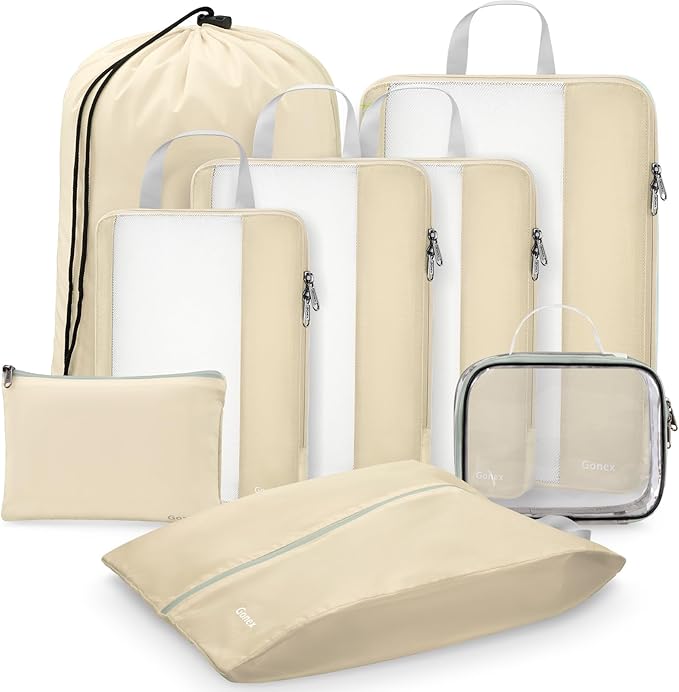 Gonex 8 Set Expandable Mesh Packing Cubes for Travel Essentials, Compression Organizer with Toiletry, Laundry, Shoe, Cable Bags - Beige