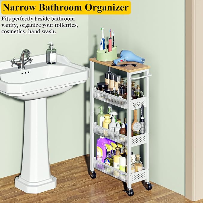 Utility Slim Storage Cart, 4 Tier Small Rolling Kitchen Laundry Room Cart with Wood Top, Metal Narrow Bathroom Storage Cabinet Mobile Shelf Unit Organizer Trolley with Handle for Narrow Space