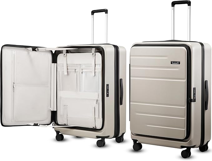 LUGGEX Checked Suitcase with Spinner Wheels, FLO5 Expandable Polycarbonate Hard Shell Suitcase with TSA Approved Lock (FX-Core, Beige, 28 Inch)