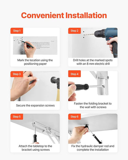 VEVOR Wall Mounted Folding Table, 43.3 x 18 inches Wall Mount Table, Floating Desk with Iron Bracket, Fold Down Desk for Small Spaces, Home Office, Dining, Laundry Room, Kitchen, Bar, White