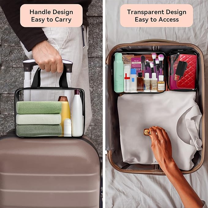 TISRATOK 10 PCS Clear Travel Makeup Toiletry Bag, Plastic PVC Cosmetic TSA Approved Organizer Kit with Zipper Handbag（Black）
