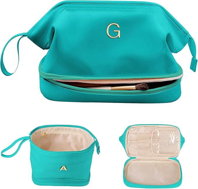 Granddaughter Birthday Gift for Her, Makeup Bags, Waterproof Double Layer Cosmetic Bag, Large Capacity PU Leather Makeup Bags Letter Travel Toiletry Bag, Initial Gifts for Coworkers