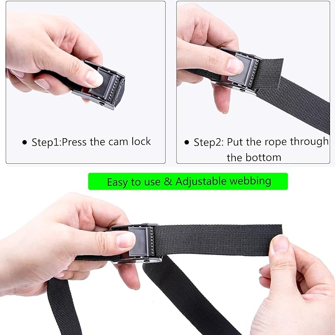 Premium Lashing Nylon Strap - Cam Buckle Tie Down Straps Heavy Duty Secure Straps up to 500 lbs Capacity for Motorcycle,SUP, Kayak, Canoe, Surfboard, Cargo, Boat,Trailer, Moving(1'' x 6.5Ft Black)